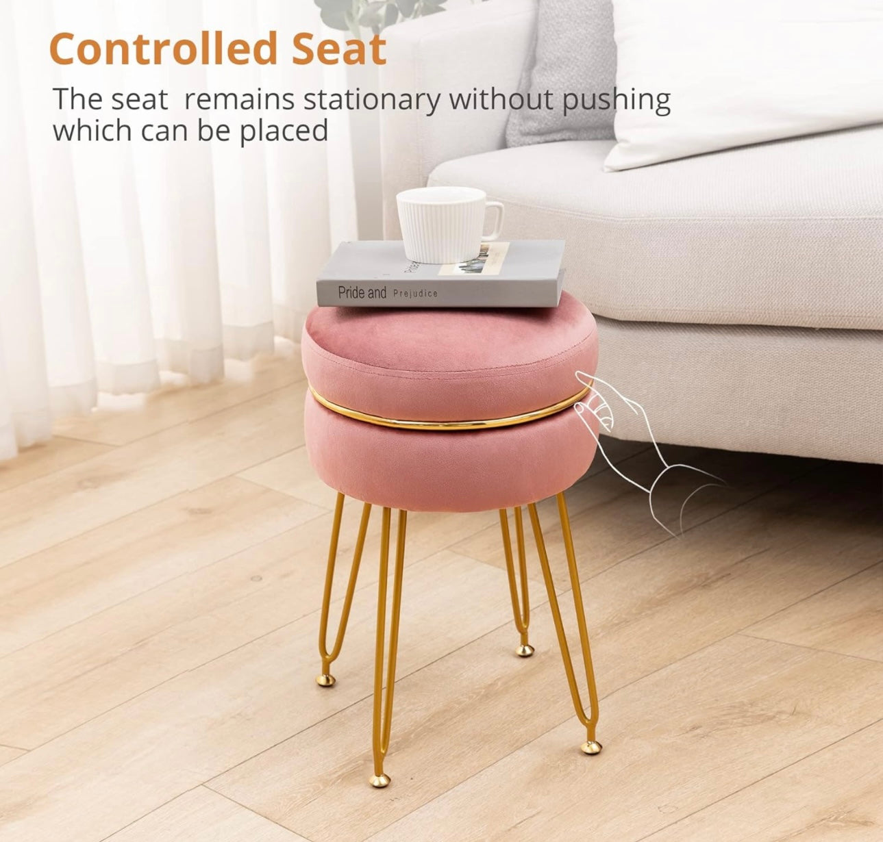 Vanity Stool Chair, 360°Swivel Pink Velvet Makeup Stool, Small Round Makeup Foot Stool Rest Ottoman with Gold Metal Legs, Upholstered Padded Stool for Makeup Vanity, Living Room