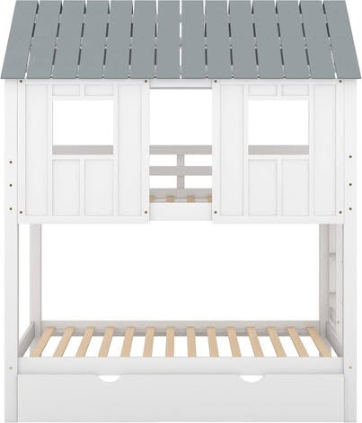 Quarte Twin Over Twin House Bunk Bed with Slide and Windows, Wood Low Bunk Bed with Ladder and Guardrails,Designed for Toddlers/Kids/Teens/Girls/Boys