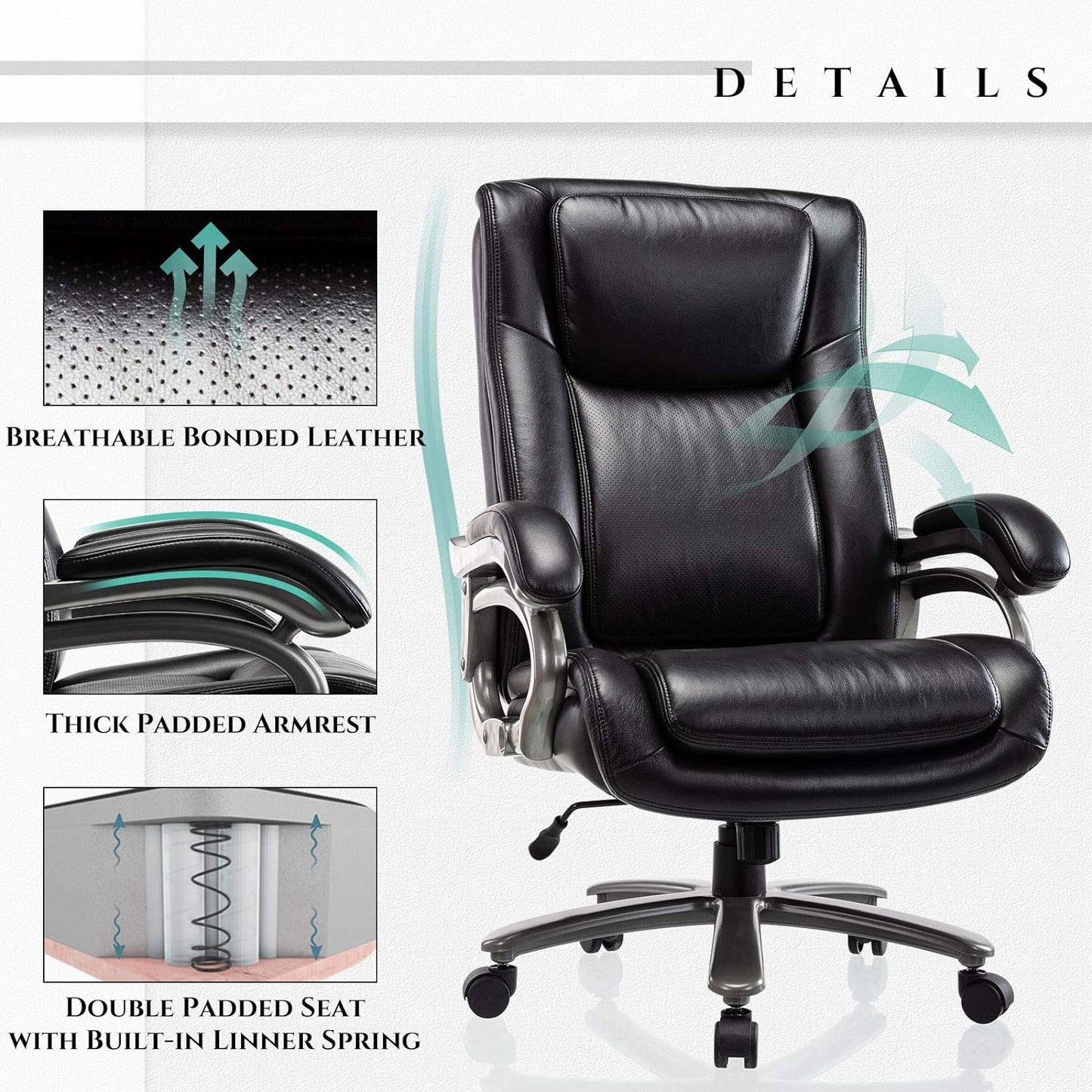 Big & Tall 400lb Office Chair - High Back Executive Computer Chair Heavy Duty Metal Base and Adjustable Tilt Angle Large Bonded Leather Desk Swivel Chair, Ergonomic Design for Lumbar Support