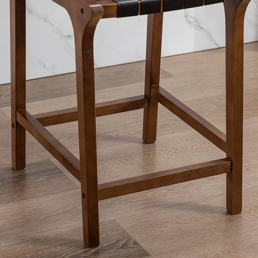 29'' Woven Bar Stools Midcentury Modern Kitchen Barstool with Faux Leather Straps, Stool Chair for Dining Room Kitchen Island High Table, Black
