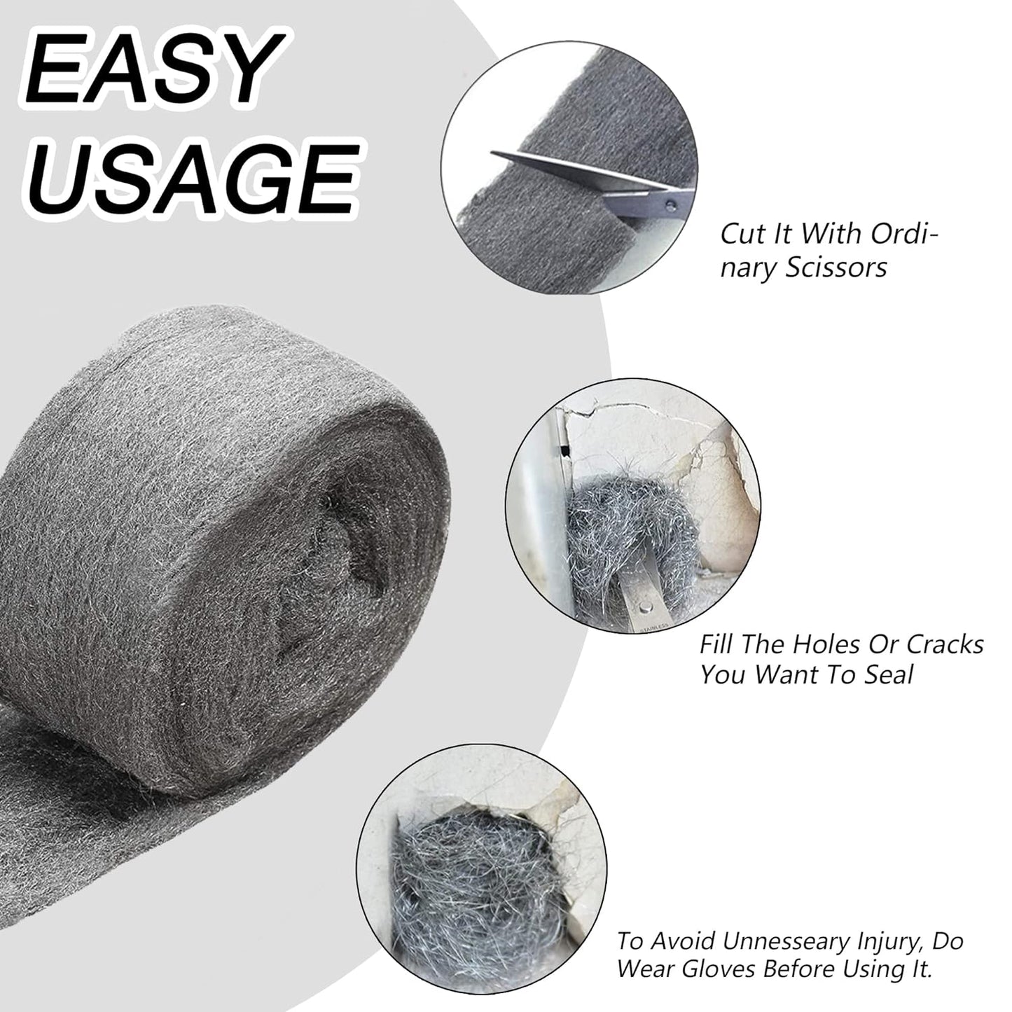 Steel Wool Roll, 0000 Steel Wool 40ft, Thick Wire Filling Fabric Hole Filler DIY Kit, Hardware Cloth, Gap Blockers Keep animals away from holes/wall cracks/ducts/vents in workshops/houses/garages
