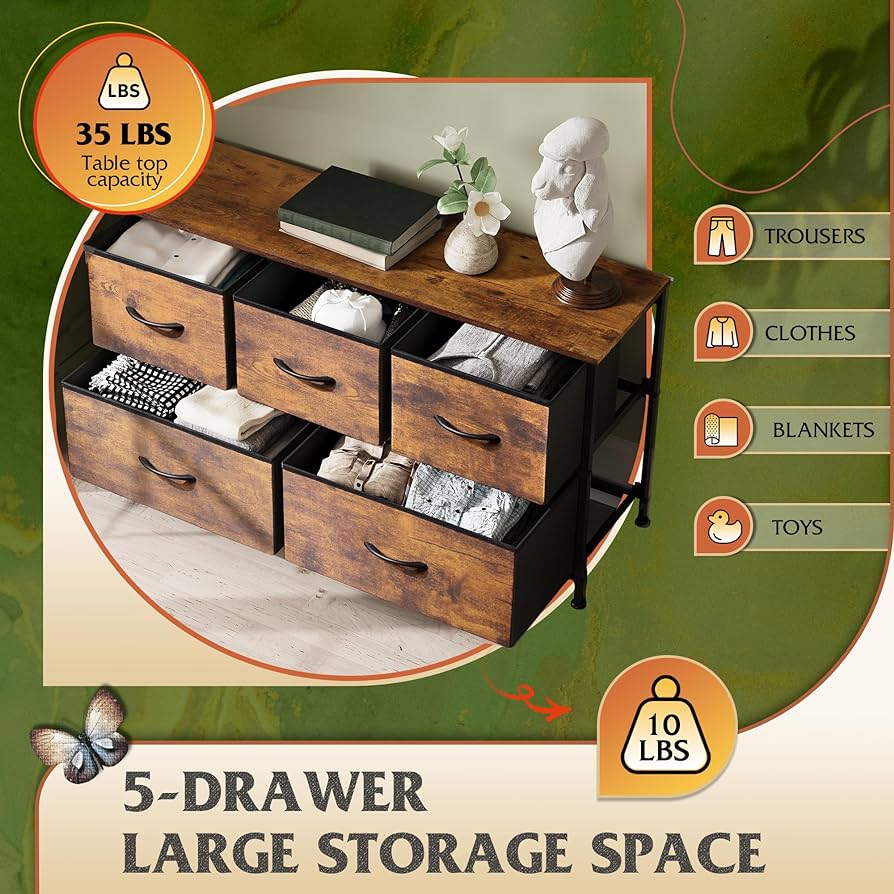 Dresser for Bedroom with 5 Drawers, Wide Chest of Drawers, Fabric Dresser, Storage Organizer Unit with Fabric Bins for Closet, Living Room, Hallway