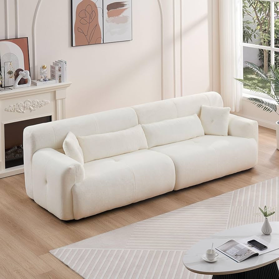 Sectional Sofa, 111.81'' Comfy Upholstered Sofa Ultra Soft Thick Fuzzy Faux Rabbit Fur Couch, Cute Cozy Plush Warm Fleece Fluffy Sectiona Sofa for Living Room, Beige