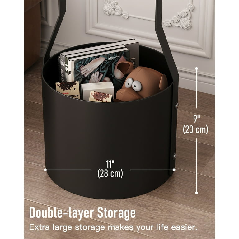 End Table Round Sofa Side Table with Iron Storage Basket Small Coffee Tables Nightstand Bedside Table for Living Room Bedroom Metal-Black