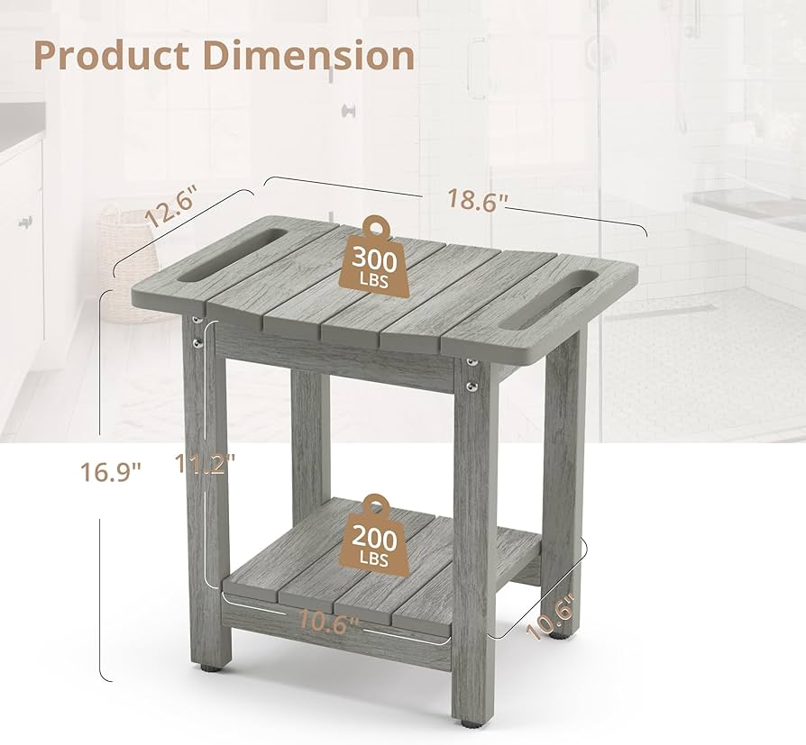 HDPS Shower Benches for Inside Shower, Gray Shower Stool for Shaving Legs with Shelf, Waterproof Shower Chair Seat for Spa Bathroom, Weather Resistant/Non-Slip/Handles/Indoor or Outdoor Use
