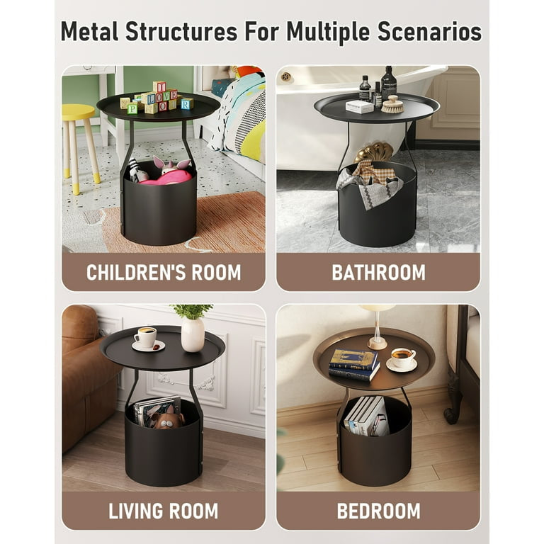 End Table Round Sofa Side Table with Iron Storage Basket Small Coffee Tables Nightstand Bedside Table for Living Room Bedroom Metal-Black