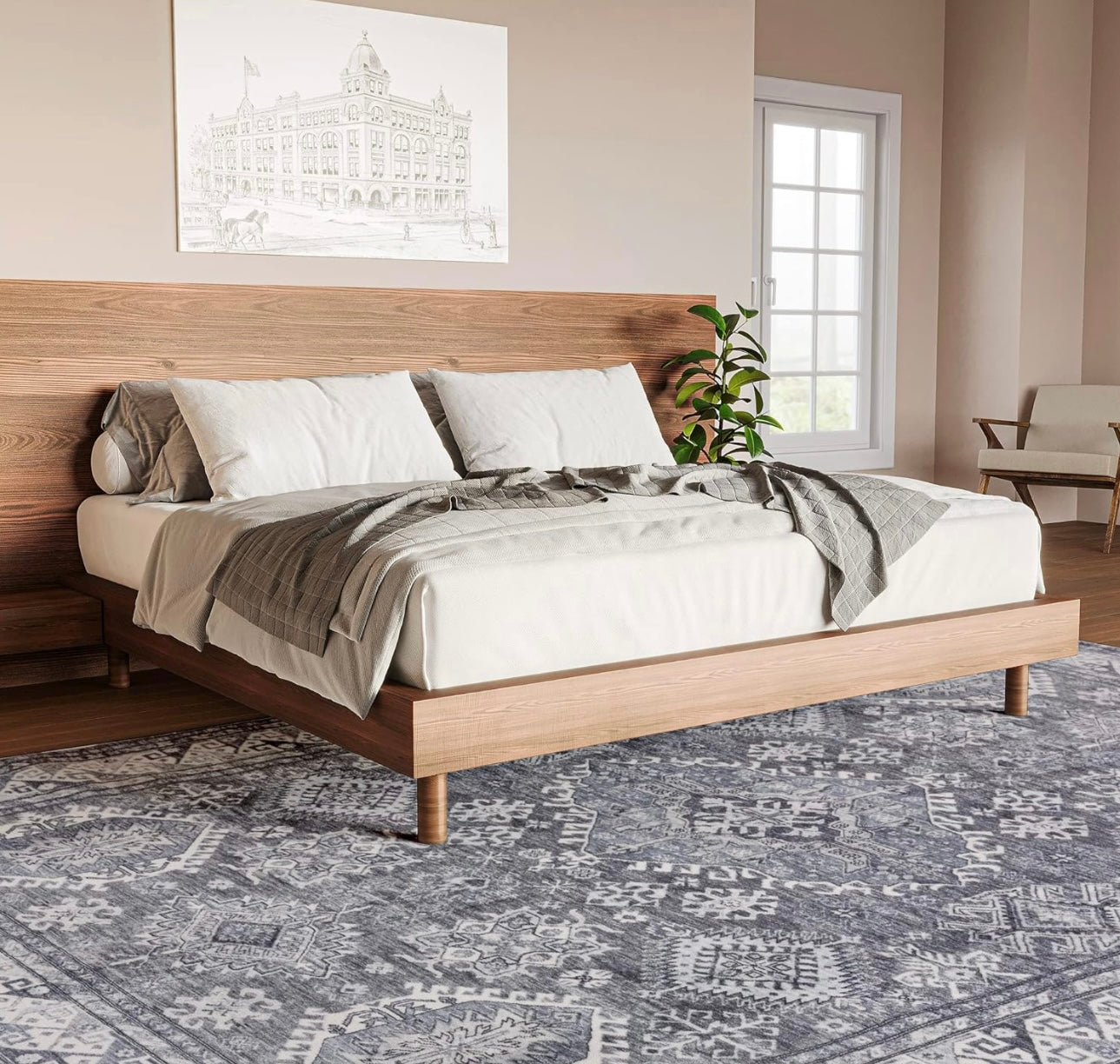 9x12 Area Rug - Stain Resistant Washable Rug, Anti Slip Backing Rugs for Living Room, Vintage Tribal Area Rugs (TPR12-Grey, 9'x12')