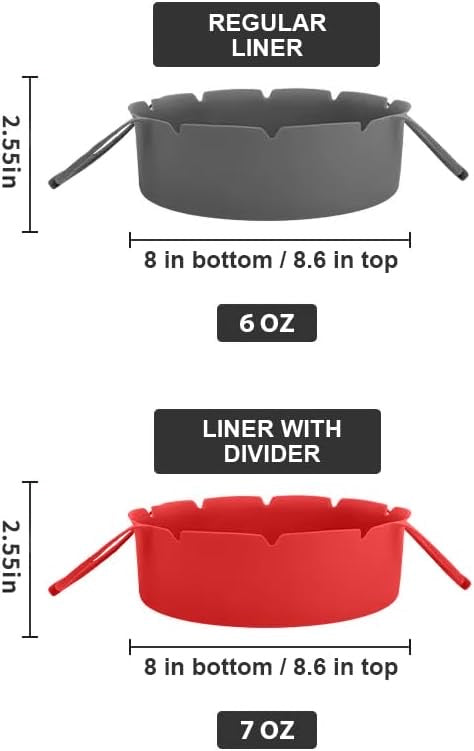 Silicone Air Fryer Liners Pot and Silicone Basket Bowl with divider, Parchment Paper Replacement, Reusable Heat Resistant Baking Tray Oven Accessories, 8 inch Fits 5-8qt (2 Pack, Grey & Red)