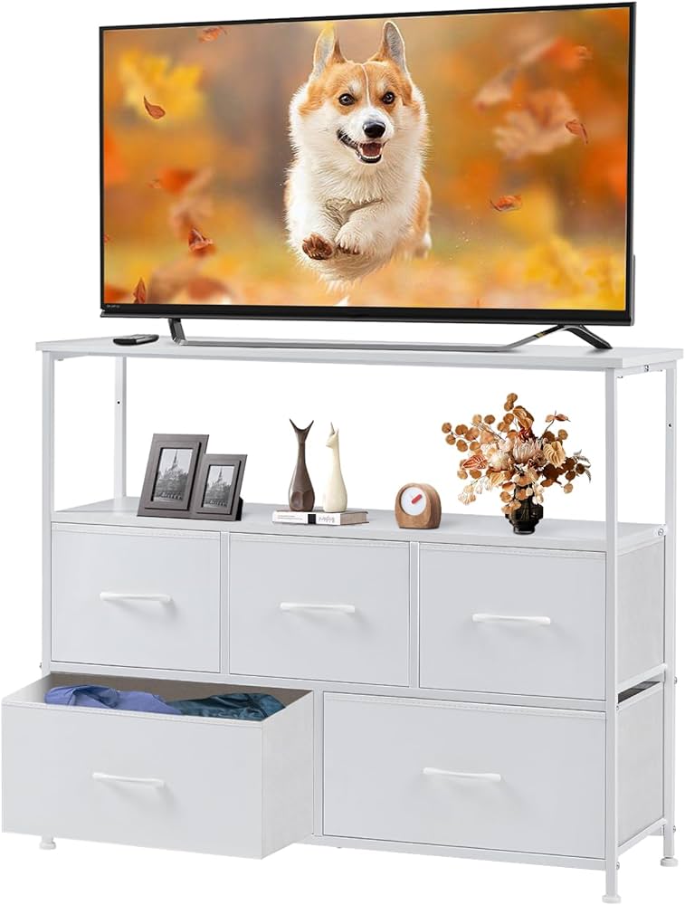 TV Stand for Bedroom, TV Dresser for 45 inches, Media Console Table, ETV Stand for Bedroom, TV Dresser for 45 inches, Media Console Table, Entertainment Center with 5 Fabric Drawers Cabinet and Open Storage Shelf Furniture Cabinet for Living Room, Hallway