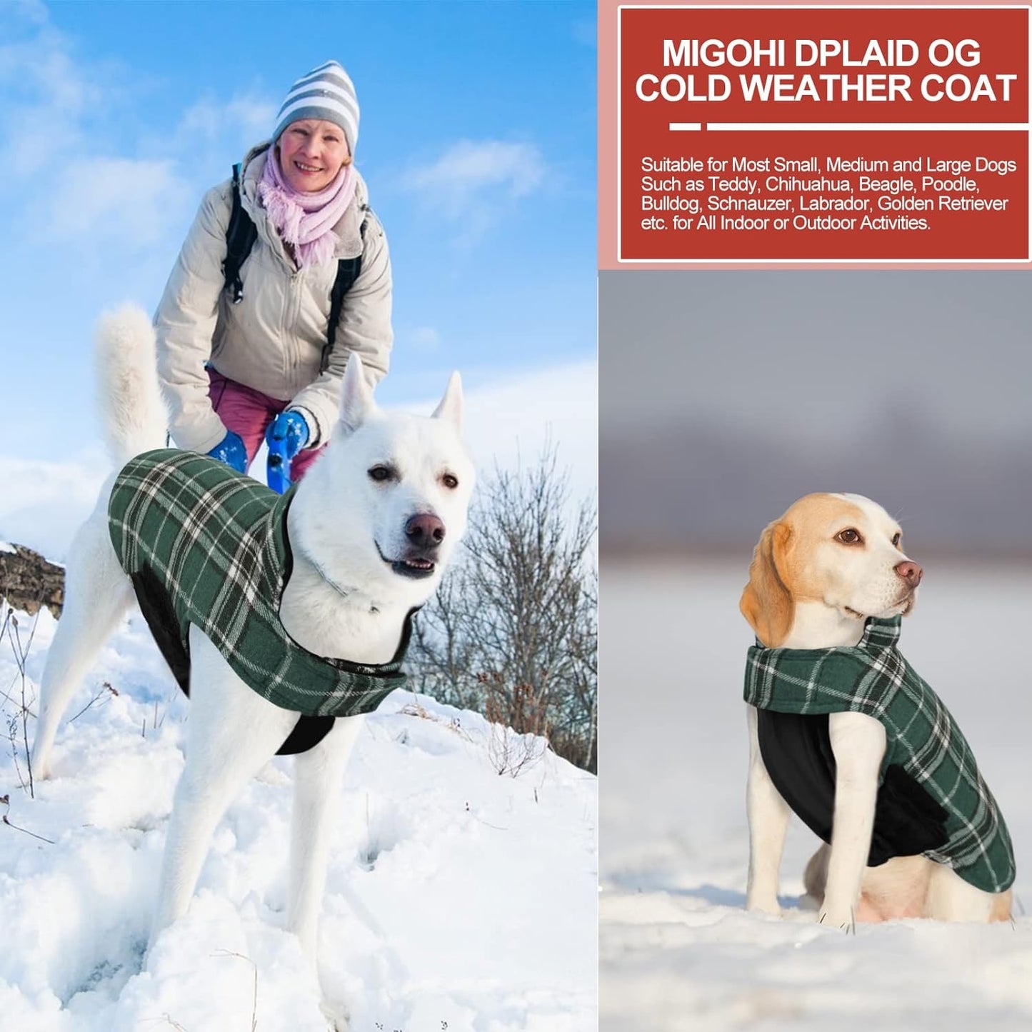 Dog Jackets for Winter, Reversible Dog Coat Windproof Waterproof Dog Winter Jackets for Cold Weather, British Style Plaid Dog Coats Warm Dog Vest for Small Medium Large Dogs, Green