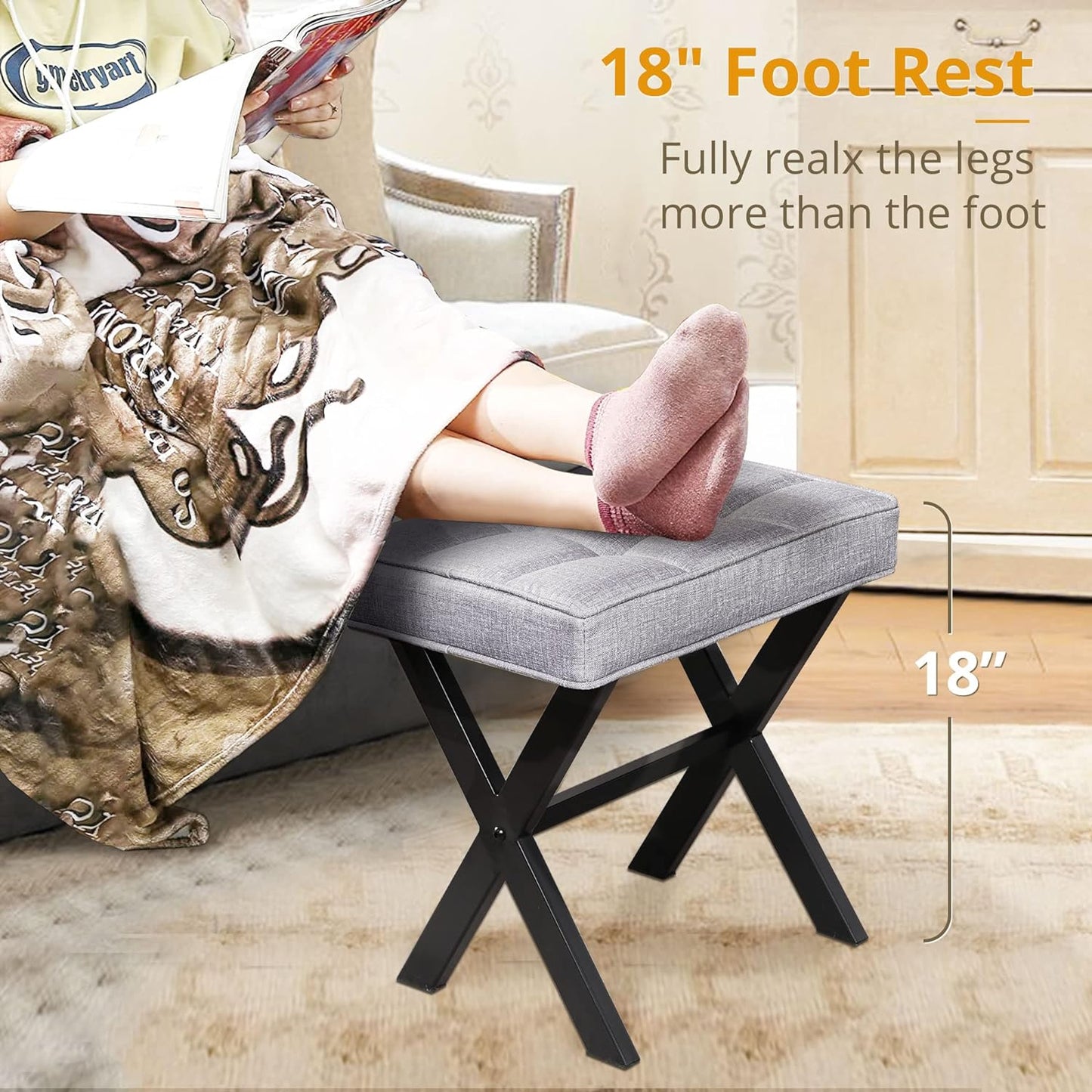 Vanity Stool, Square Linen Makeup Stool with Metal X Legs, Small Ottoman Stool Chair for Vanity, Modern Padded Vanity Seat Foot Rest Stool for Makeup Room, Living Room, Bathroom, Dark Gray