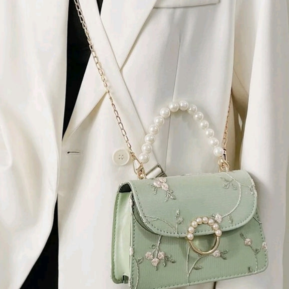 Faux Pearl Handle Top Green Floral Embroidery crossbody mini bag
