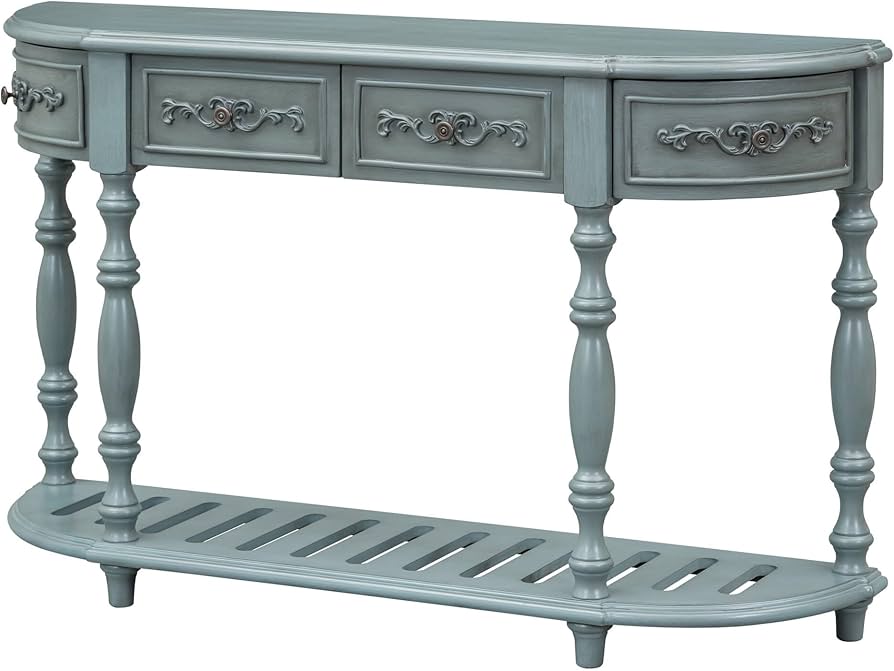 Antique Blue Classic Style Curved Console Table with 4 Drawers and 1 Shelf Semi-Circle MDF Wood Painted