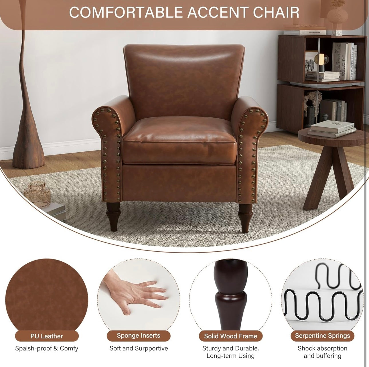 PU Leather Accent Chair, Modern Arm Club Chairs Nailed Trim Living Room Upholstered Armchair, Comfy Single Sofa Lounge Reading Seat Bedroom Side Seating for Home Office, Brown