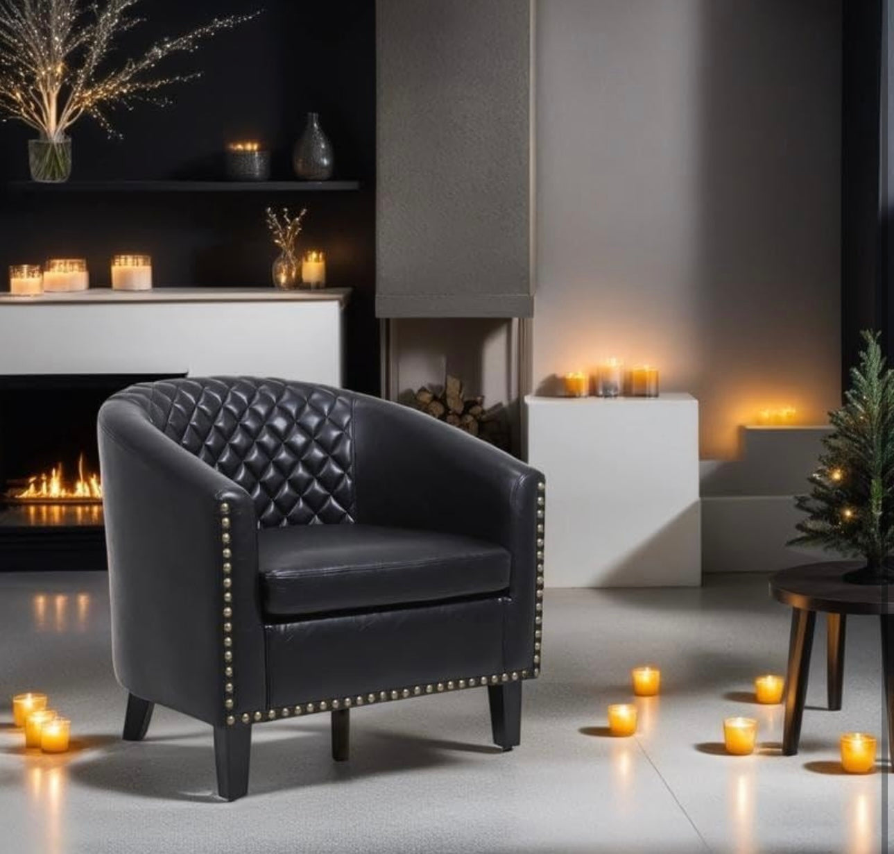 Modern Barrel Accent Chair Round Arm Pu Leather with Nailheads and Solid Wood Legs for Living Room Black Contemporary Finish Includes Hardware