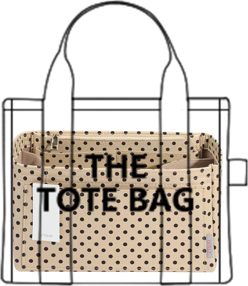 Purse Organizer Insert, Felt Bag Organizer with Metal Zipper, Handbag & Tote Shaper, For Speedy Neverfull Tote.Brown polk dots Beige