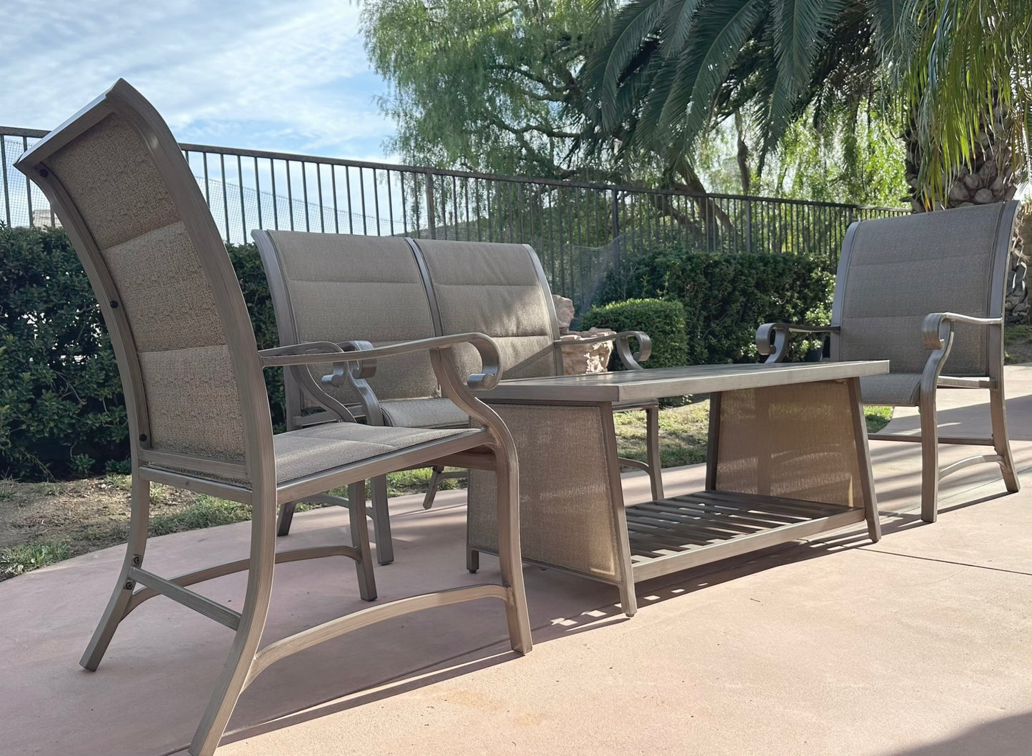 Champagne Gold 4-Piece Cast Aluminum Patio Rectangle Outdoor Dining Set with Love Seat for Garden, Yard