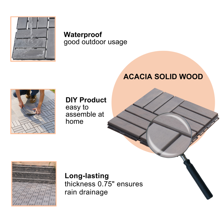 Solid Wood Patio Deck Tiles, Pack of 10, 12"x12" Square Interlocking Flooring Tiles, Acacia Wood Composite Decking Floor Tiles Indoor Outdoor, Floor Tile for Garden Poolside Backyards