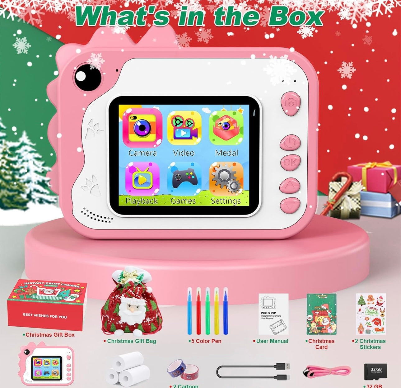 Kids Instant Print Camera with 3 Rolls Print Paper Toddler Zero Ink Video Camera Learning Toy Camera Gifts for Birthday Christmas Holiday Travel