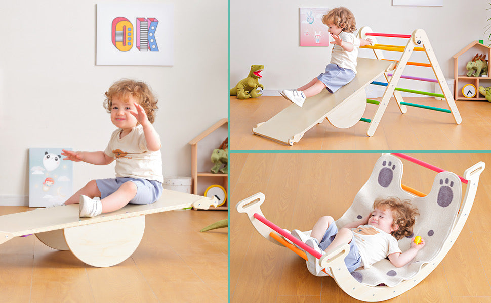 5 in 1 Pikler Triangle Set, Foldable Large Size Baby Climbing Toys Ind5 in 1 Pikler Triangle Set, Foldable Large Size Baby Climbing Toys Indoor Gym for Toddlers Wooden Montessori Climbing Set, Adjustable Height Pikler Triangle, Kids Toys with Ramp Sliding