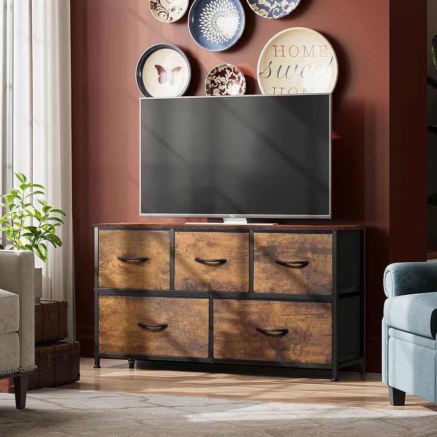 Dresser for Bedroom with 5 Drawers, Wide Chest of Drawers, Fabric Dresser, Storage Organizer Unit with Fabric Bins for Closet, Living Room, Hallway