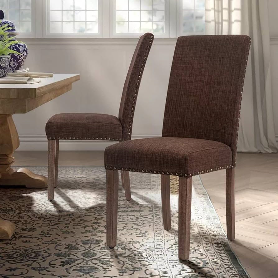 Set of 2 Dining Chairs, Accent Parsons Diner Chairs Upholstered Fabric with Nailhead Trim by Side Table for Home KiSet of 2 Dining Chairs, Accent Parsons Diner Chairs Upholstered Fabric with Nailhead Trim by Side Table for Home Kitchen, Living Room, Brown