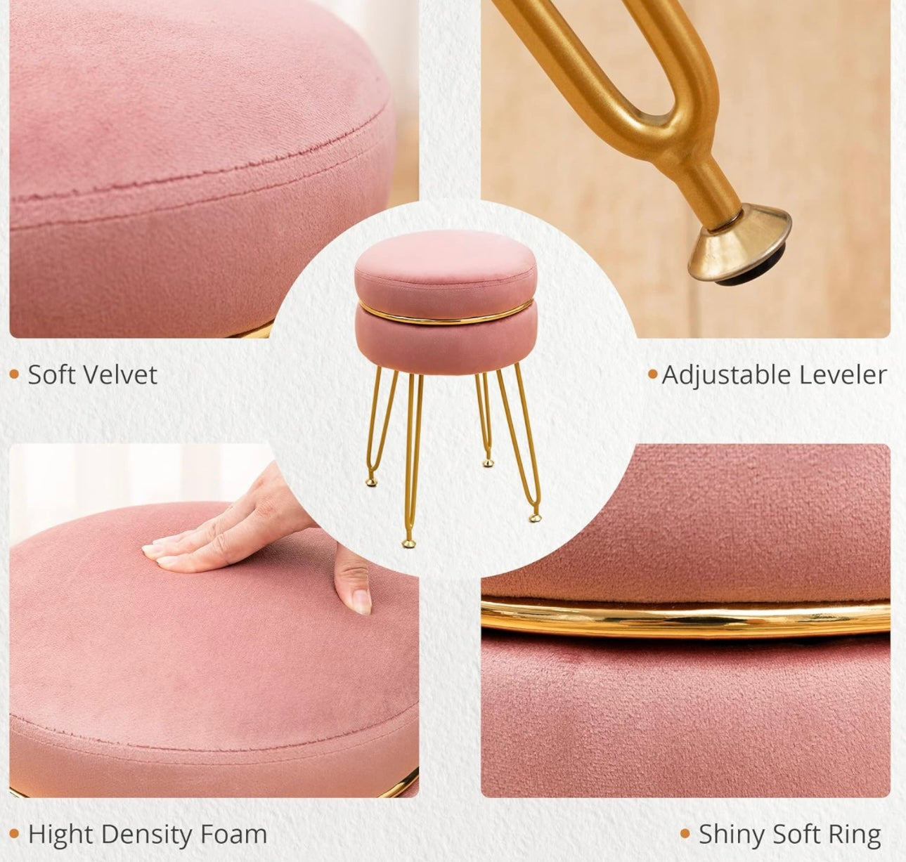 Vanity Stool Chair, 360°Swivel Pink Velvet Makeup Stool, Small Round Makeup Foot Stool Rest Ottoman with Gold Metal Legs, Upholstered Padded Stool for Makeup Vanity, Living Room