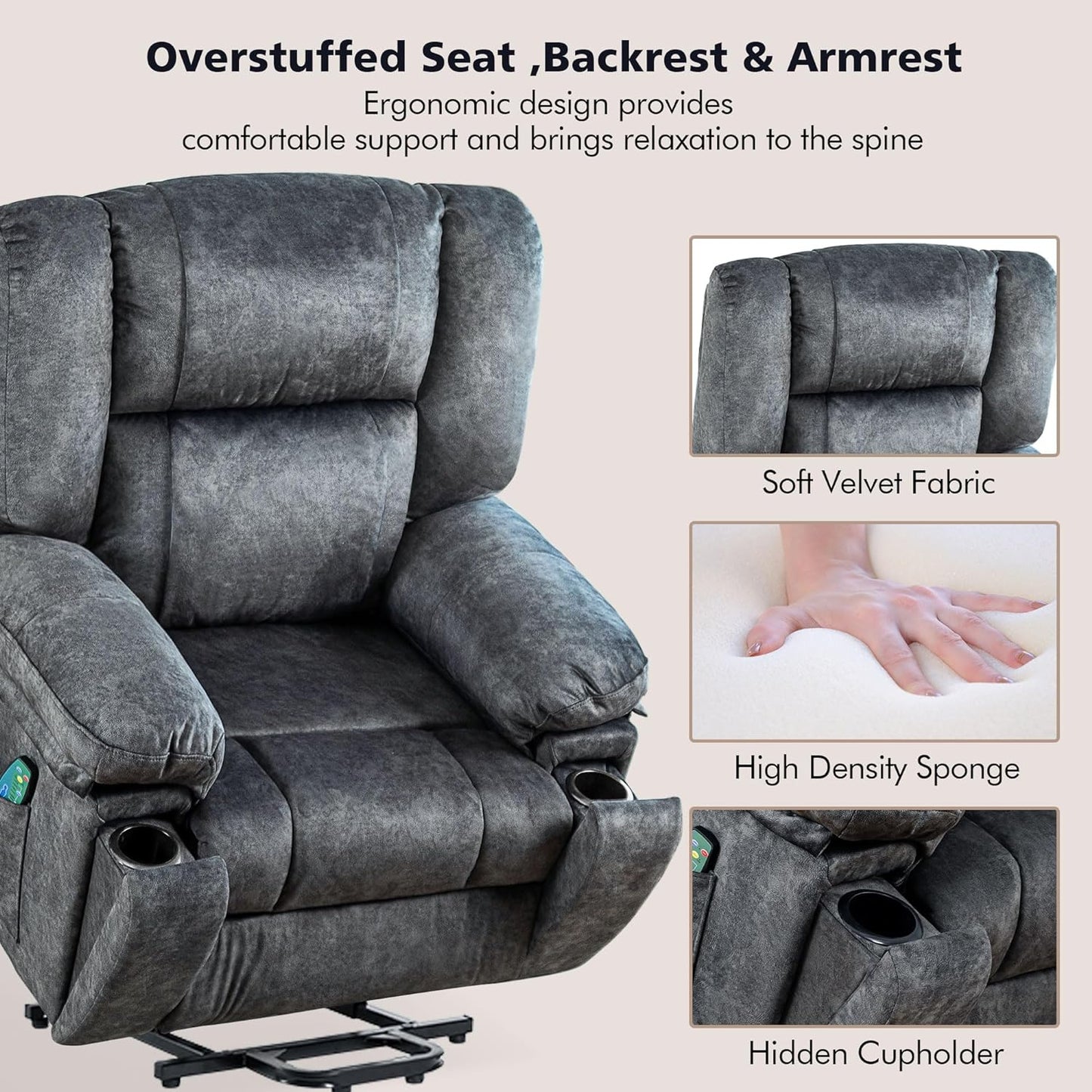Power Lift Recliner Chair for Elderly,Lift Chair Fabric Recliner Chairs for Adults Comfort Velvet Recliner with Massage & Heat,and Hidden Cup Holder,Support Up to 330LBS