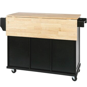 Black Rubber wood Drop-Leaf Counter top 53 in. Kitchen Island on Wheels with Storage Cabinet and 3 Drawers