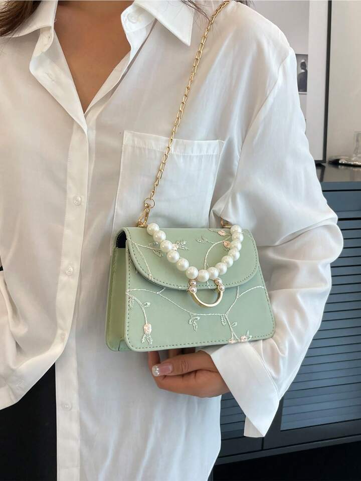 Faux Pearl Handle Top Green Floral Embroidery crossbody mini bag