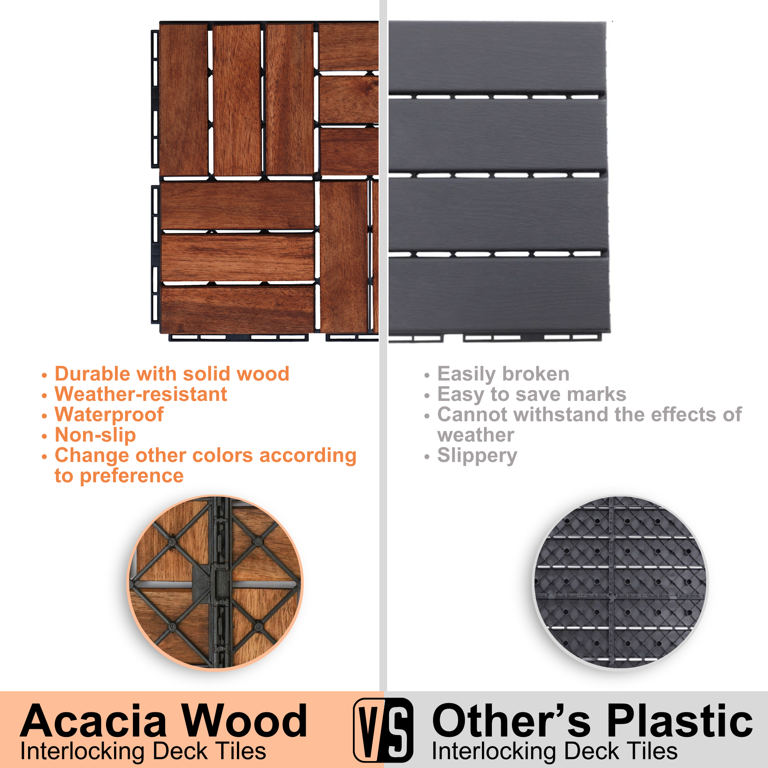 Solid Wood Patio Deck Tiles, Pack of 10, 12"x12" Square Interlocking Flooring Tiles, Acacia Wood Composite Decking Floor Tiles Indoor Outdoor, Floor Tile for Garden Poolside Backyards