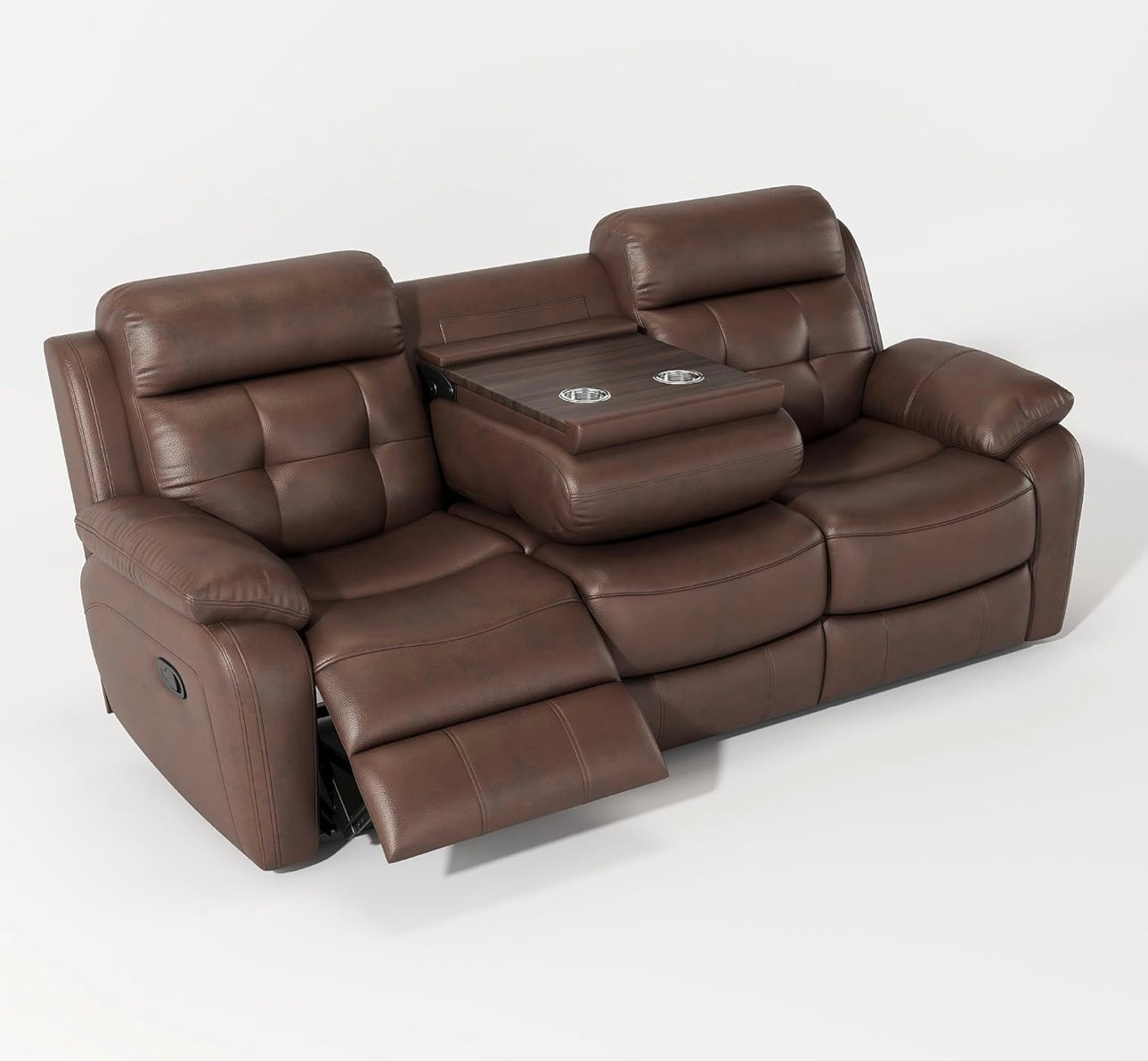 Genuine Leather Manual Reclining Sofa, 3-Seater Couch with Drop Down Table, Cup Holders & Magazine Bag, 3-Seat Dual Recliner Chair for Living Room Home Theater Office, Brown