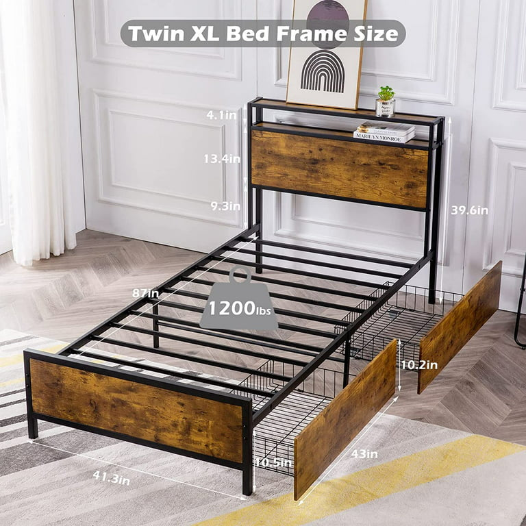 Twin XL Bed Frame with 2 Storage Drawers - Platform Bed Frame with 2-Tier Headboard, Strong Metal Slat Support and 10.5inch Under Bed Storage for Bedroom, No Box Spring Needed, Easy Assembly