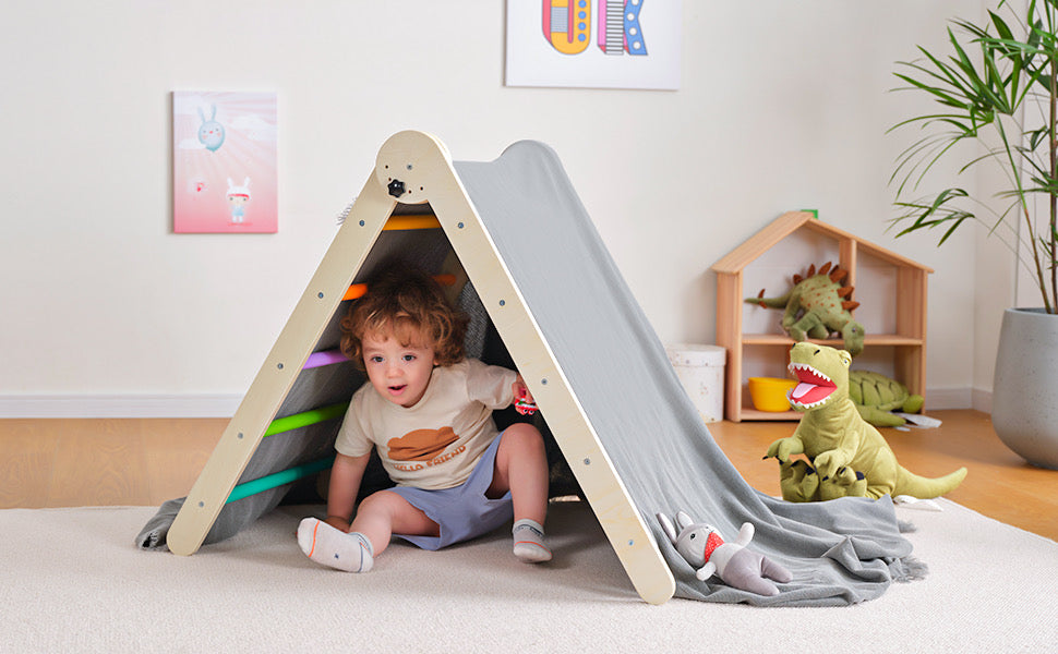 5 in 1 Pikler Triangle Set, Foldable Large Size Baby Climbing Toys Ind5 in 1 Pikler Triangle Set, Foldable Large Size Baby Climbing Toys Indoor Gym for Toddlers Wooden Montessori Climbing Set, Adjustable Height Pikler Triangle, Kids Toys with Ramp Sliding