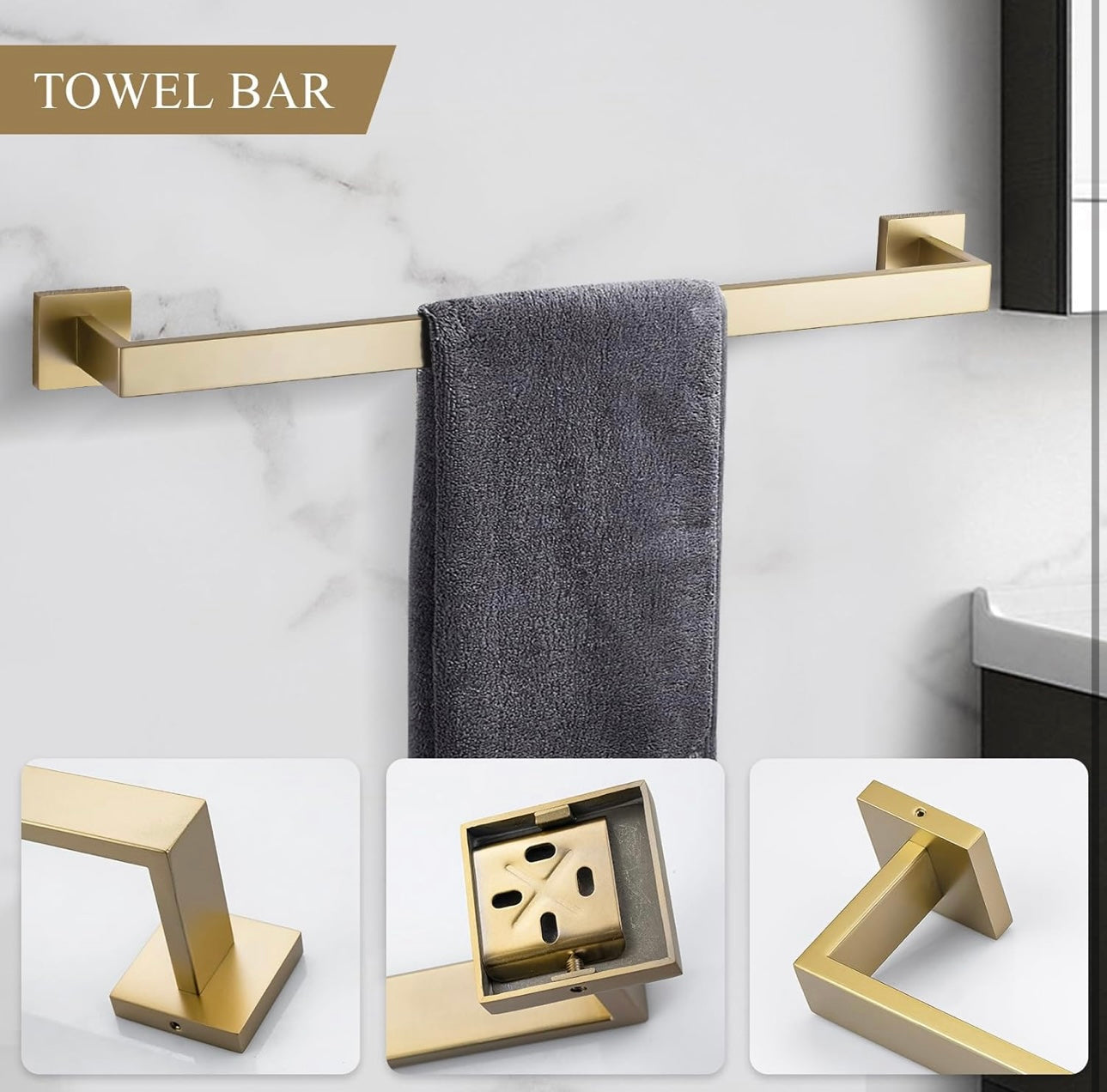 Bathroom Hardware Set Brushed Gold 5-Piece Towel Bar Set Include 24 Inch Towel Bar Towel Ring Toilet Paper Holder and 2 Robe Hooks 304 Stainless Steel Towel Rack Set Wall Mount