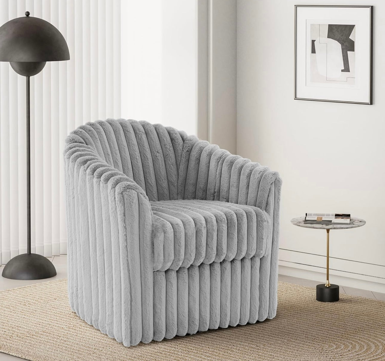 Swivel Barrel Accent Chair, Round Faux Fur Fabric Armchair for Living Room, Bedroom, Comfy Modern Mid Century Reading Chair for Adults (Grey, Set of 1)