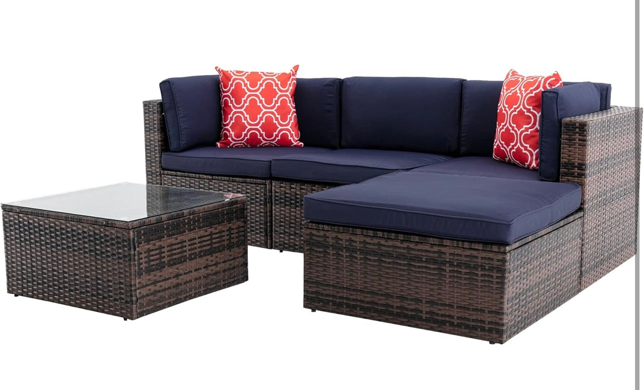 5Pcs Outdoor Garden Patio Furniture PE Rattan Wickerectional Cushioned Sofa Sets with 2 Pillows and Coffee Tablemodular sectional Sofa Sets with roof XI910, Navy Blue