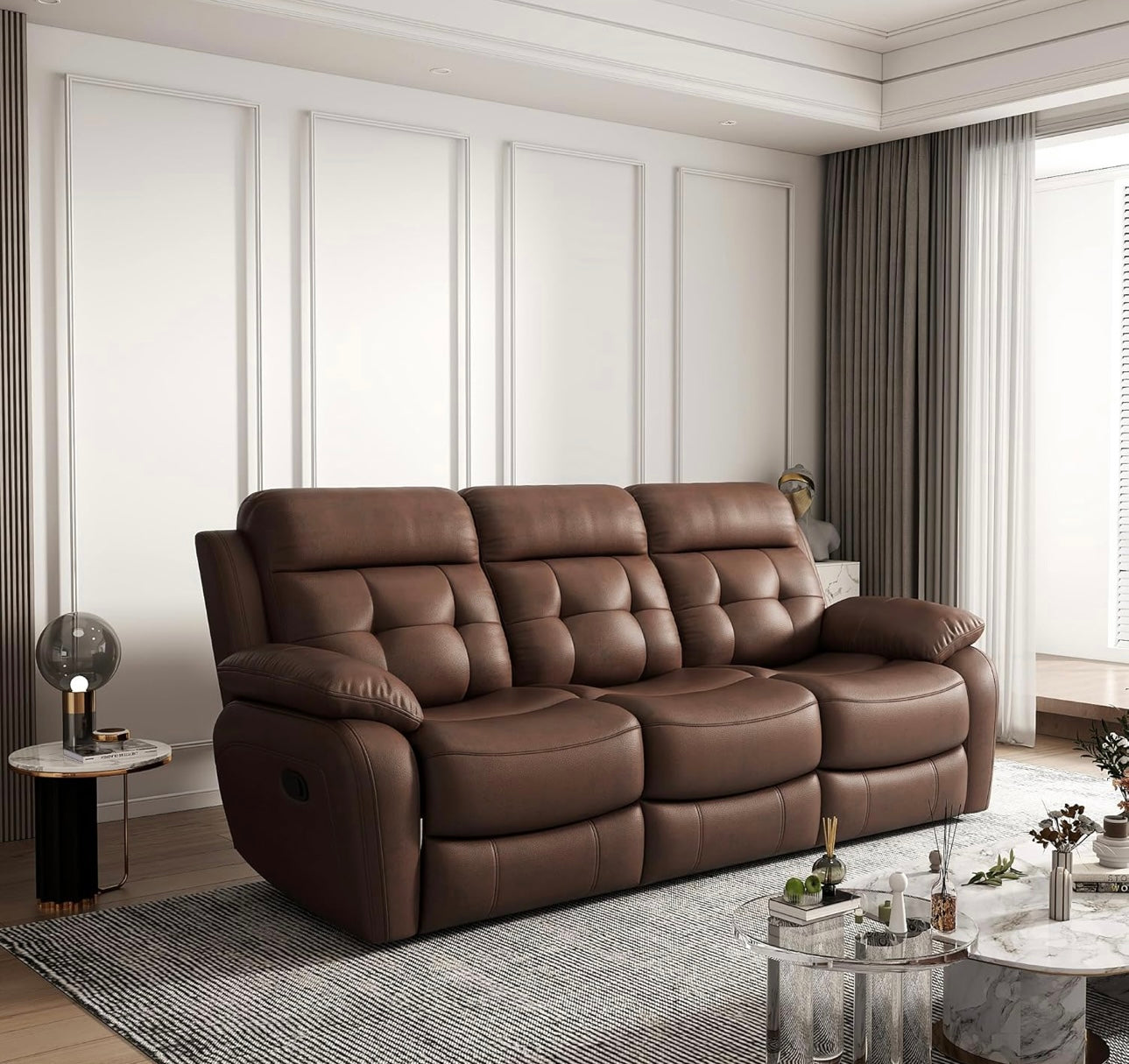 Genuine Leather Manual Reclining Sofa, 3-Seater Couch with Drop Down Table, Cup Holders & Magazine Bag, 3-Seat Dual Recliner Chair for Living Room Home Theater Office, Brown
