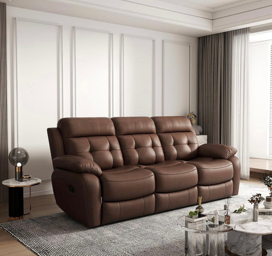 Genuine Leather Manual Reclining Sofa, 3-Seater Couch with Drop Down Table, Cup Holders & Magazine Bag, 3-Seat Dual Recliner Chair for Living Room Home Theater Office, Brown