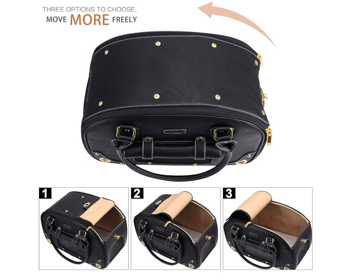 Dog Carrier Purse, Pet Carrier, Cat Carrier, Foldable Waterproof Premium PU Leather Pet Travel Portable Bag Carrier for Cat and Small Dog Home & Outdoor Medium Black