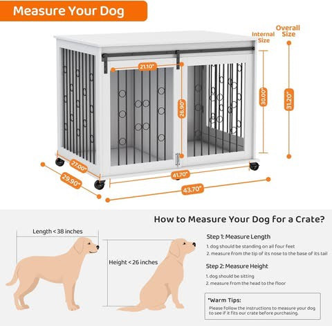 Large Dog Crate Furniture with Sliding Barn Door, 43.7" Wooden Dog Kennel End Table with Wheels and Flip-top Plate Dog House with Detachable Divider for Small/Medium/Large Dog (White)