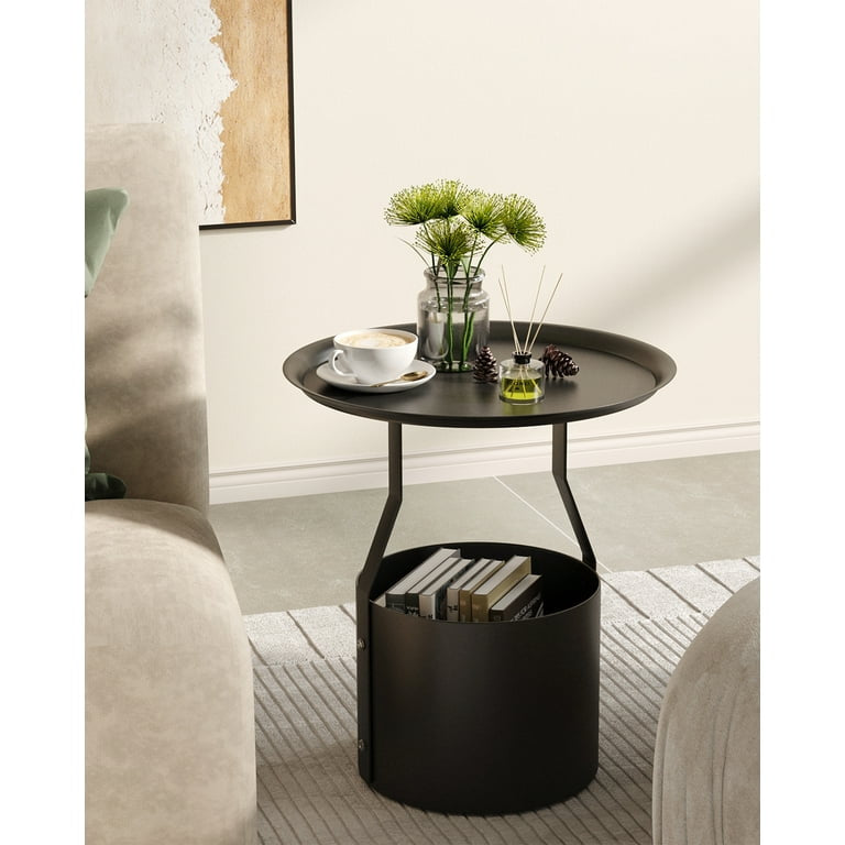 End Table Round Sofa Side Table with Iron Storage Basket Small Coffee Tables Nightstand Bedside Table for Living Room Bedroom Metal-Black