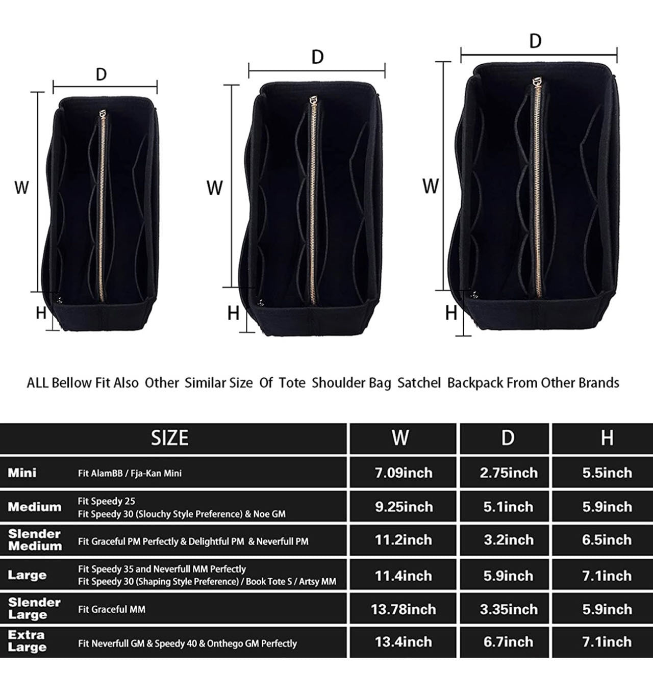Purse Organizer Insert, with zipper, Handbag & Tote Shaper,Black