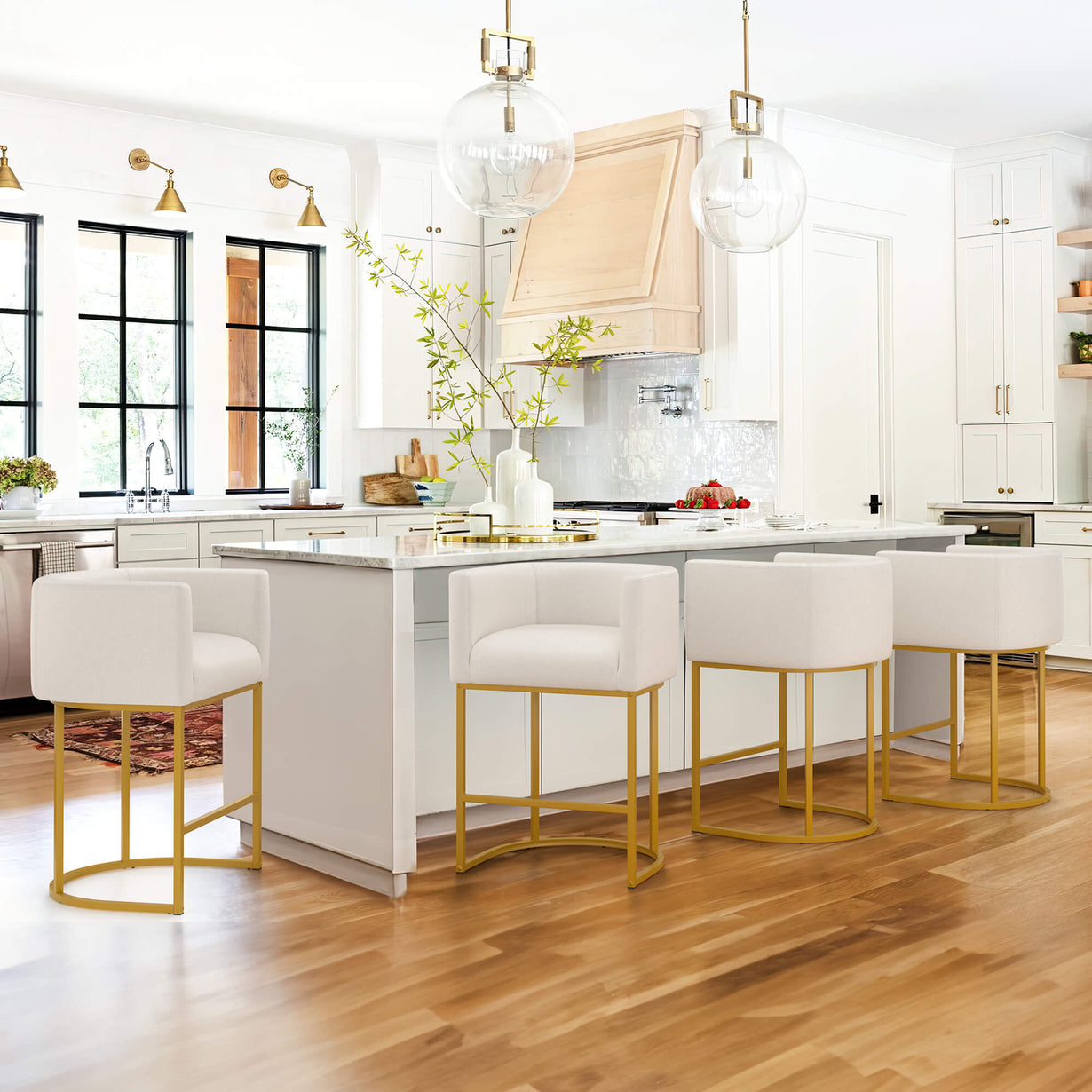 Modern Counter Height Linen Fabric Upholstered Counter Stool, 24 inch Kitchen Island Stool with Gold Metal Frame, Cream