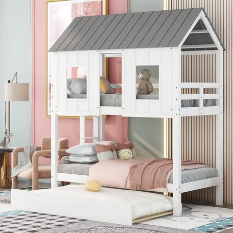 Quarte Twin Over Twin House Bunk Bed with Slide and Windows, Wood Low Bunk Bed with Ladder and Guardrails,Designed for Toddlers/Kids/Teens/Girls/Boys