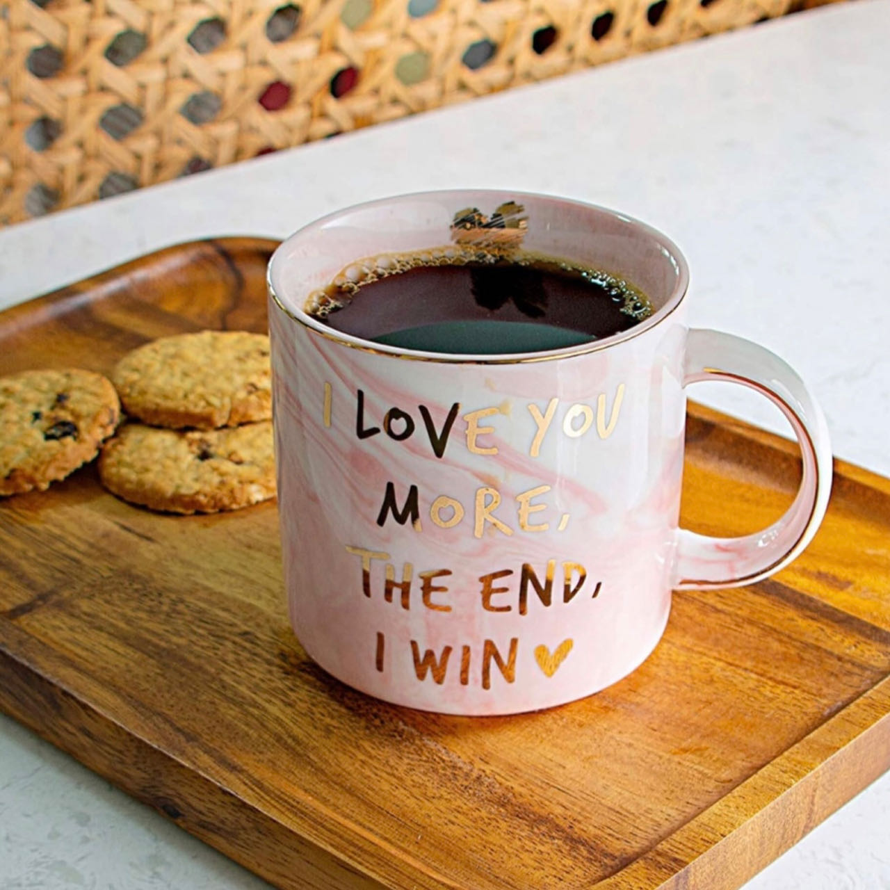 Pink 12oz Coffee Mug For Birthday,Anniversary, Valentine's Day. I Love You More The End Print