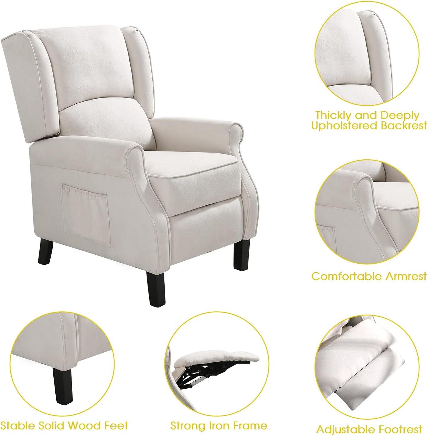 Recliner Chair for Living Room Recliner Sofa Reading Chair Winback Single Sofa Home Theater Seating Modern Reclining Chair Easy Lounge with Fabric Padded Seat Backrest Beige White