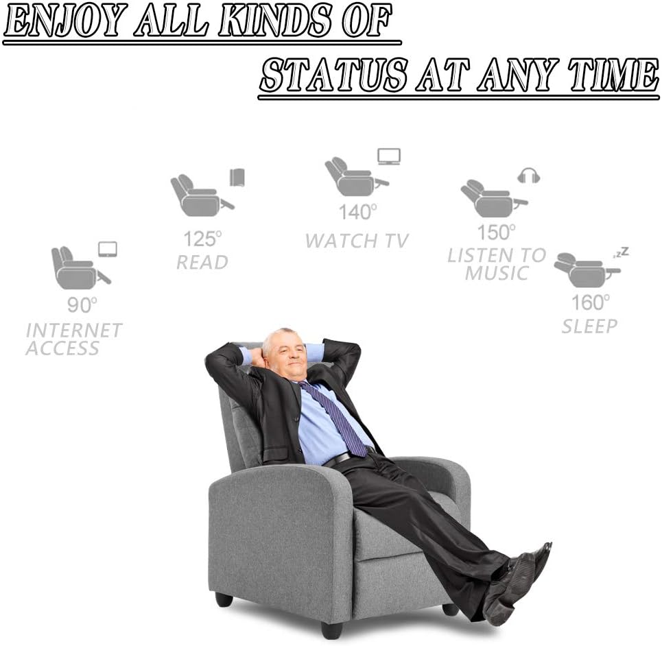 Recliner Chair for Living Room, Fabric Massage Recliner Chair Winback SingleRecliner Chair for Living Room, Fabric Massage Recliner Chair Winback Single Sofa Home Theater Chairs Adjustable Modern Reclining Chair with Padded Seat Backrest for Adults (Grey)