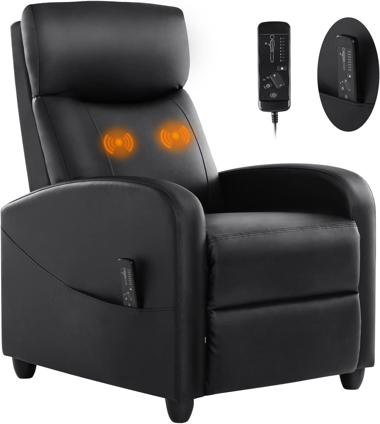 Recliner Chair, Living Room Chairs Massage Recliner Chairs Adjustable Theater Chairs Padded Seat Backrest PU Leather Winback Single Sofa Modern Recliner Chair Bedroom Chair for Adults (Black)