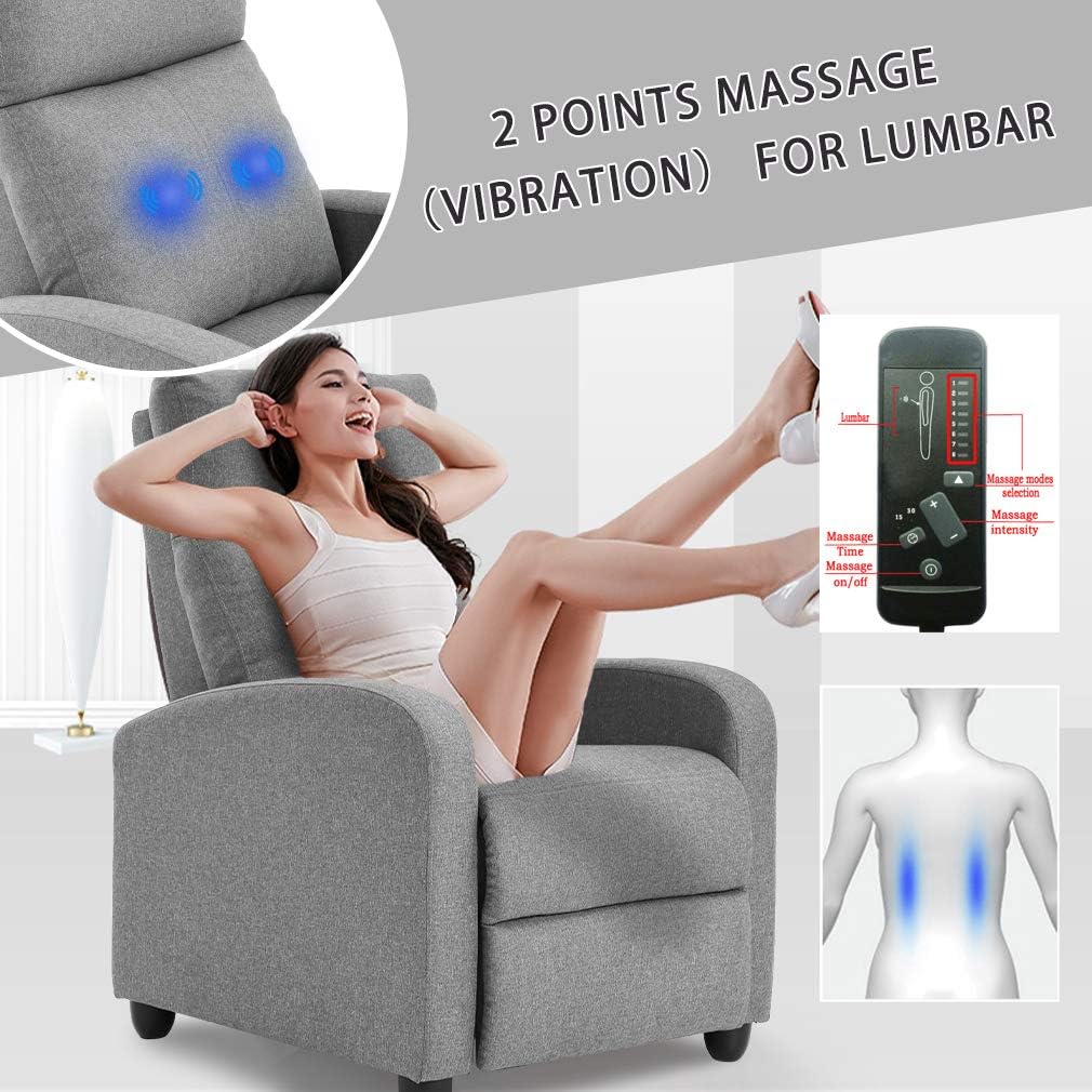 Recliner Chair for Living Room, Fabric Massage Recliner Chair Winback Single Sofa Home Theater Chairs Adjustable Modern Reclining Chair with Padded Seat Backrest for Adults (Grey)